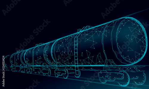 Oil railway cistern 3D render low poly. Fuel petroleum finance industry diesel tank. Cylinder railroad wagon train gasoline logistic economical business polygonal line vector illustration