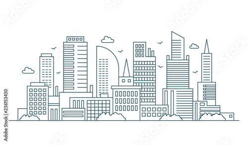 Line modern urban big city panorama. Outline stroke cityscape skyscrapers vector illustration.