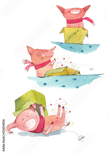 Piglet unpacks the garland to decorate the Christmas tree