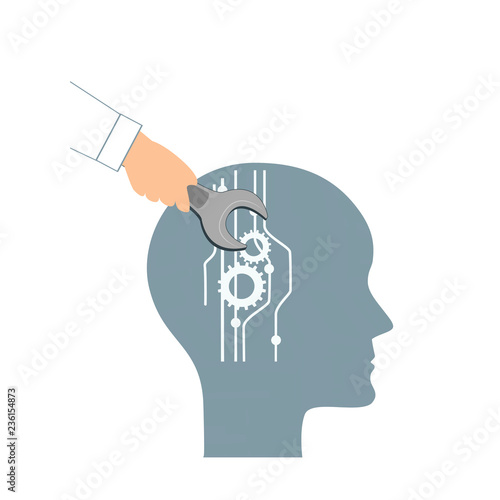 NLP or Neuro-Linguistic Programming concept. Open Human Head and a Hand with a Wrench. Manipulation, Mental health, personal development, and psychotherapy icon.