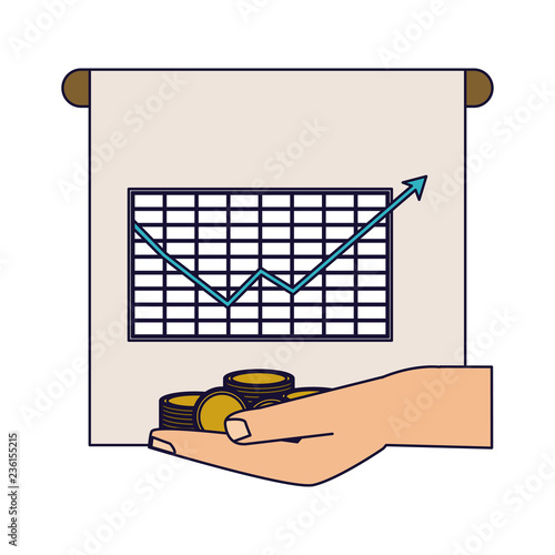 Business profit graph on whiteboard and hand with coins