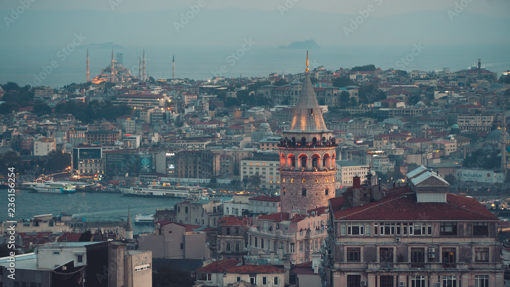 Istanbul cityscape with Galata Tower and mass housing in Golden Horn, istanbul, Turkey