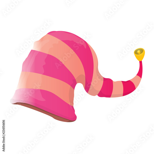 vector funky pink stripped cartoon christmas elf hat isolated on white background. vector kids colorful elf hat icon or label. Christmas decorative design element for banner or poster