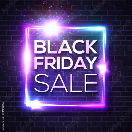 Black Friday Sale neon sign. Square light banner on blue night brick wall background. Discount card. Glowing vector bright signboard. Colorful illustration.
