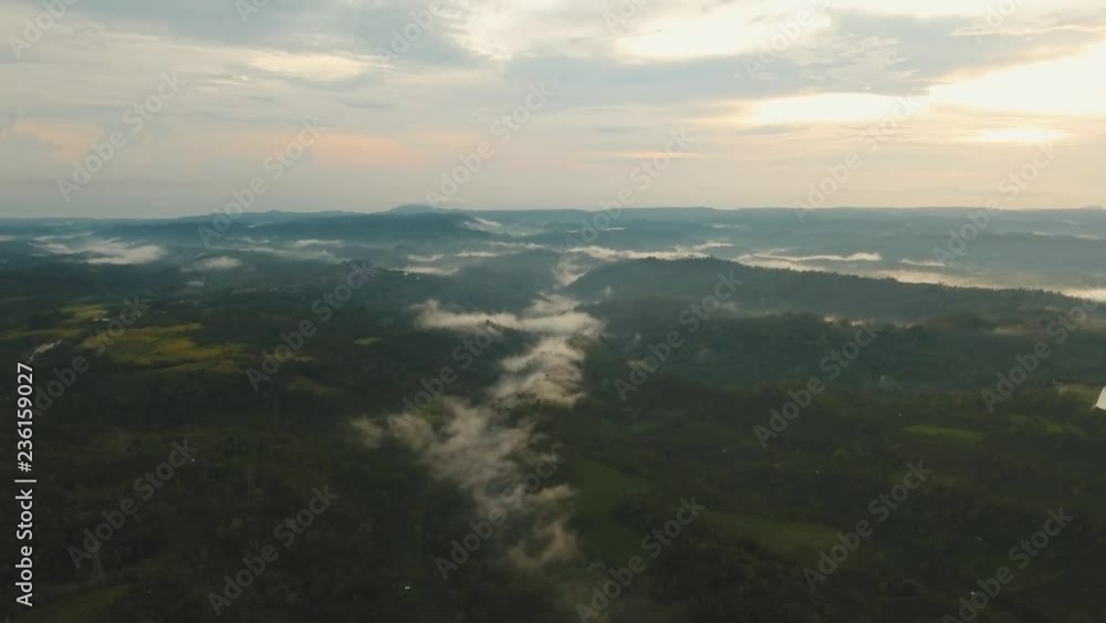 Aerial view of forest, farmland, fields, mountains with fog, clouds at sunset on Bali,Indonesia. Sunset landscape on a tropical island. Travel concept. Aerial footage. Aerial view of forest, farmland, fields, mountains with fog, clouds at sunset on Bali,Indonesia. Sunset landscape on a tropical island. Travel concept. Aerial footage.