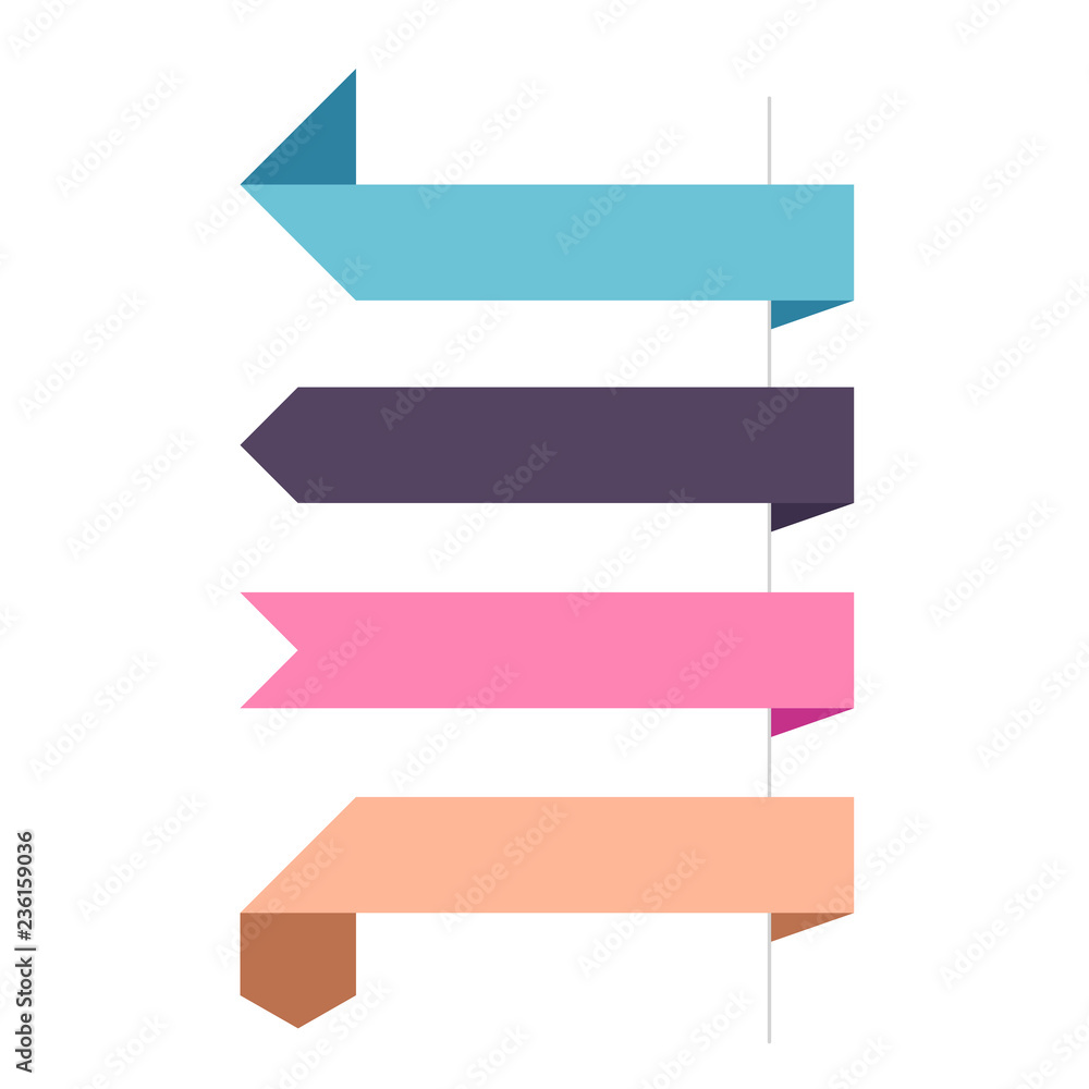 Flat vector four horizontal banner and pointers. Set of decorative colored horizontal ribbons isolated on white. Vector ribbon set for page decor. Flat vector four horizontal banner and pointers. Set of decorative colored horizontal ribbons isolated on white. Vector ribbon set for page decor.