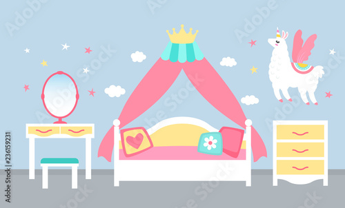 Pink bedroom interior for a princess girl with a four-poster bed and a crown. flat vector illustration