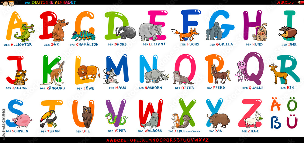 german alphabet with cartoon animals set