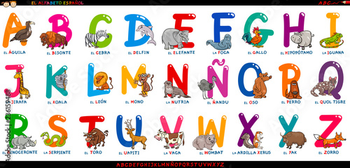 spanish alphabet with cartoon animals set