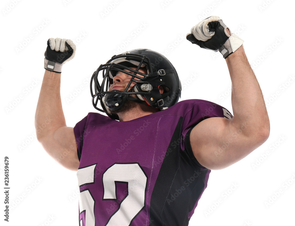 American football player wearing uniform on white background