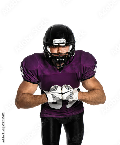 American football player wearing uniform on white background