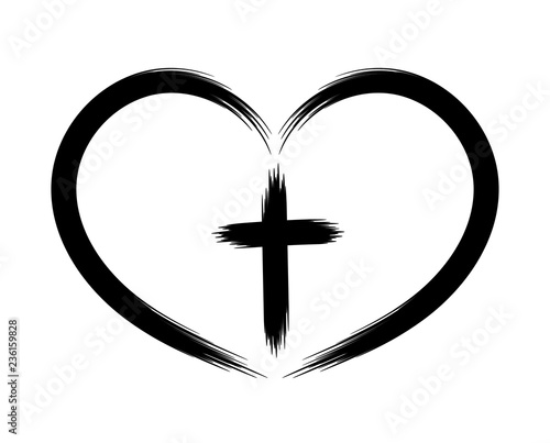 Heart and Christian cross. The concept of symbolism. Painted by brush. Vector icon. The object is isolated on a white background.