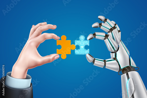 Vector robot business man hands with puzzle