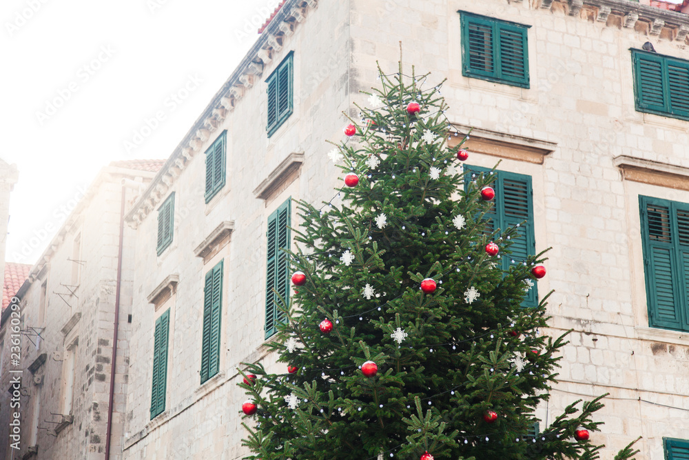 Christmas tree with red ornament, white snowflakes outside in sun light. Street town decoration near stone building with windows, wooden shutters. Authentic festive atmosphere in Dubrovnik Croatia Christmas tree with red ornament, white snowflakes outside in sun light. Street town decoration near stone building with windows, wooden shutters. Authentic festive atmosphere in Dubrovnik Croatia