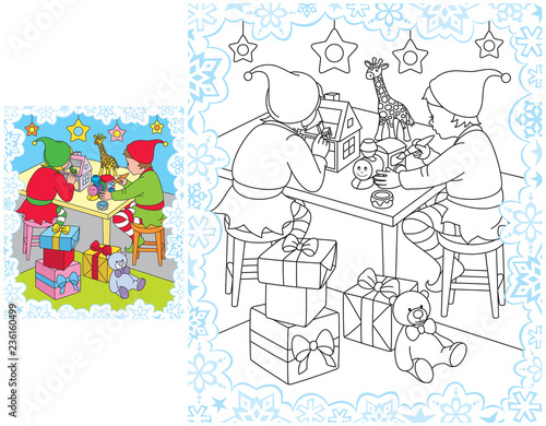 Santas elves snowflakes coloring pages
