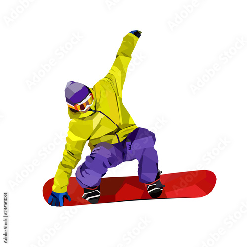 Polygonal icon of active man on snowboard isolated on white background. WPAP or low poly art style. Sport color vector illustration