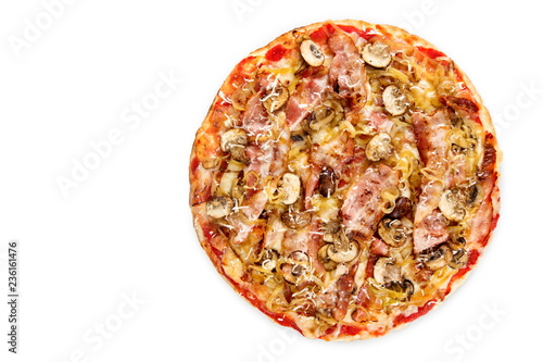 Pizza pancetta, top view on white