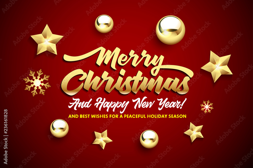 Merry Christmas, and Happy New Year lettering with golden Christmas stars and balls on a red background. Happy New Year card design. Vector illustration EPS 10 file.