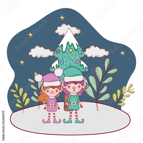 cute santa helpers couple in the snowscape