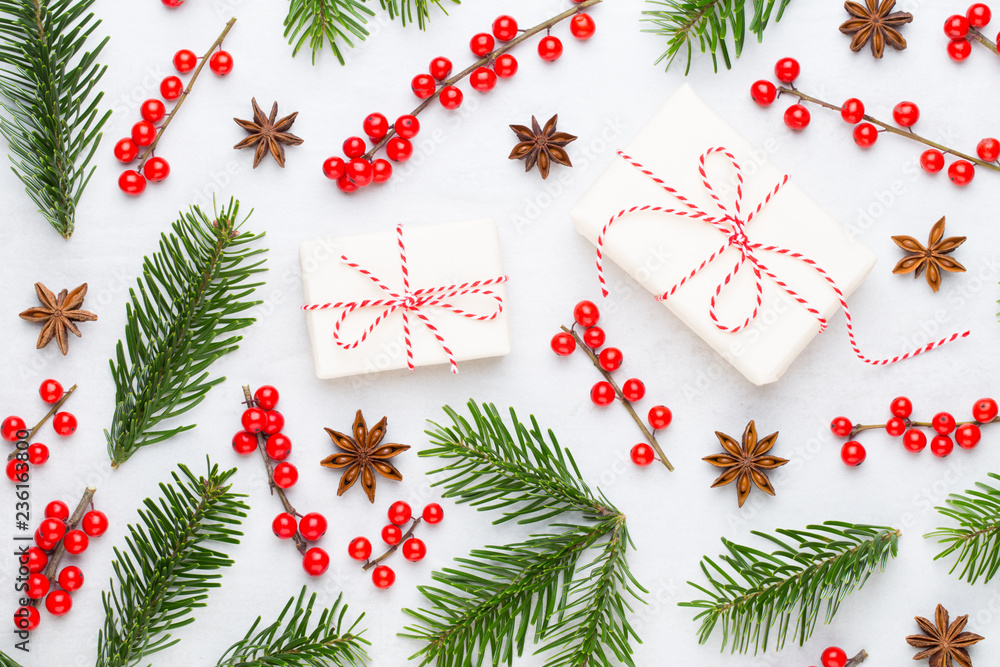 Christmas composition. Gifts, cones decorations on white background. Christmas, winter, new year concept. Flat lay, top view, copy space. Flat lay. Top view. Christmas composition. Gifts, cones decorations on white background. Christmas, winter, new year concept. Flat lay, top view, copy space. Flat lay. Top view.
