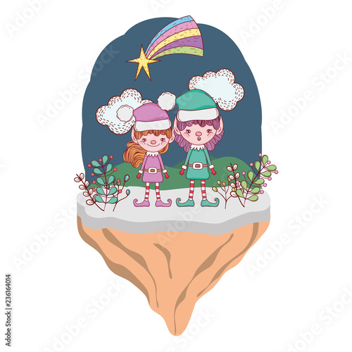 cute santa helpers couple in the snowscape