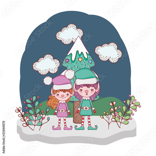 cute santa helpers couple in the snowscape