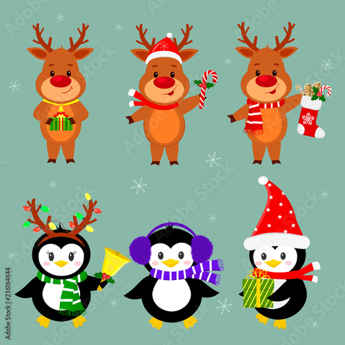New Year and Christmas card. A set of three penguins and three deer characters in different hats and poses in winter. Box with a gift, candy, sock, bell. Cartoon style, vector