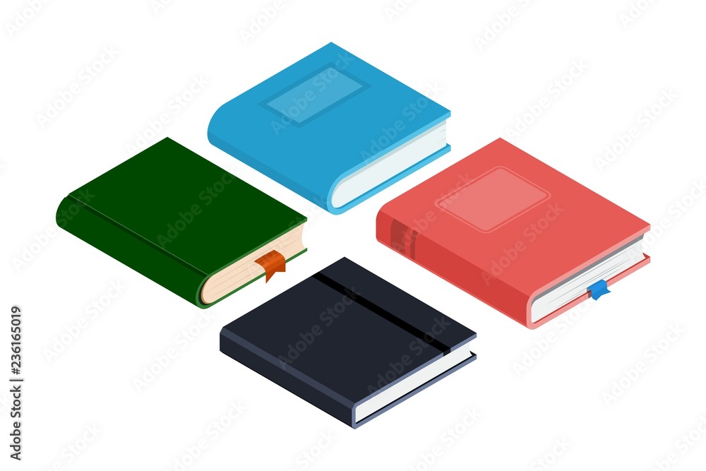 Set of different books in isometric style on a white background. Vector illustration of paper products for business, leisure, learning. Set of different books in isometric style on a white background. Vector illustration of paper products for business, leisure, learning.
