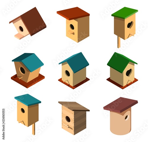 Set of volumetric birdhouses in isometric style on a white background House for the birds. Caring for nature and fauna Design of various birdhouses Vector illustration of a collection of nesting boxes