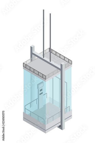 Image of a steel and glass panoramic elevator with transparent windows in isometric style on a white background Element of the building structure  lifting people to the floor Vector illustration