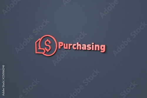 Text Purchasing with red 3D illustration and dark grey background