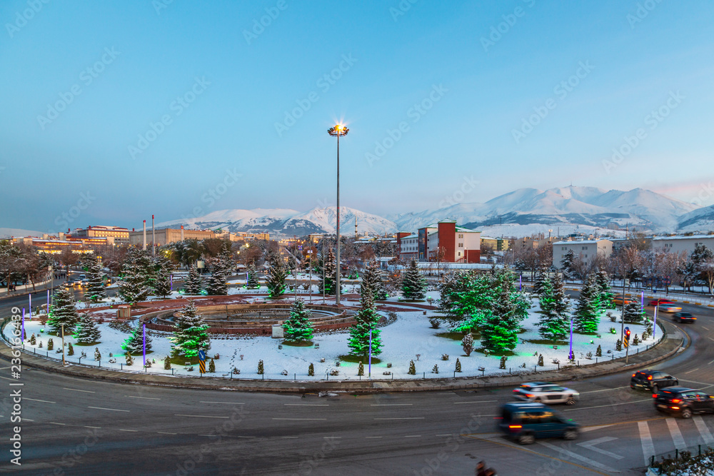 Cityscape of Erzurum with palandoken mountain from ataturk universitesi street in Erzurum, Turkey
