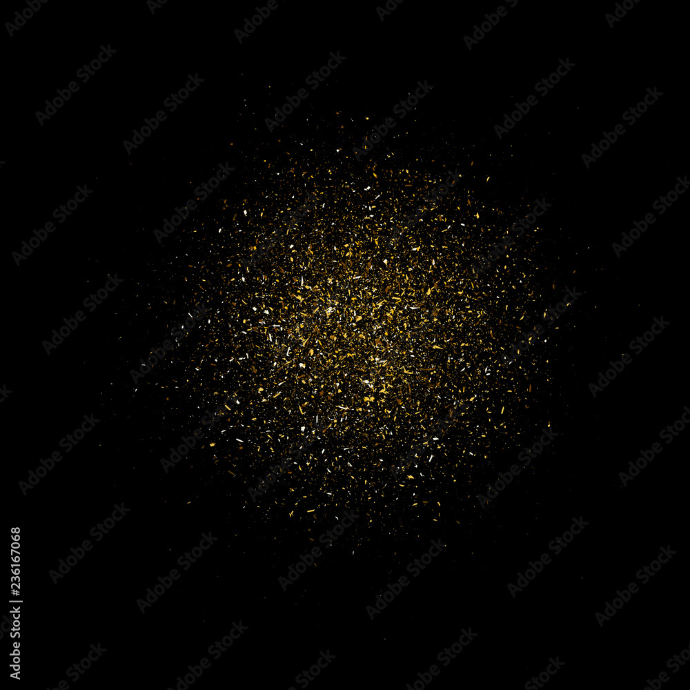 Stardust gold. Particles shimmer brilliance. Glowing stars. Decoration for new year's Christmas holiday, confetti. Vector overlay element, isolated dark background.