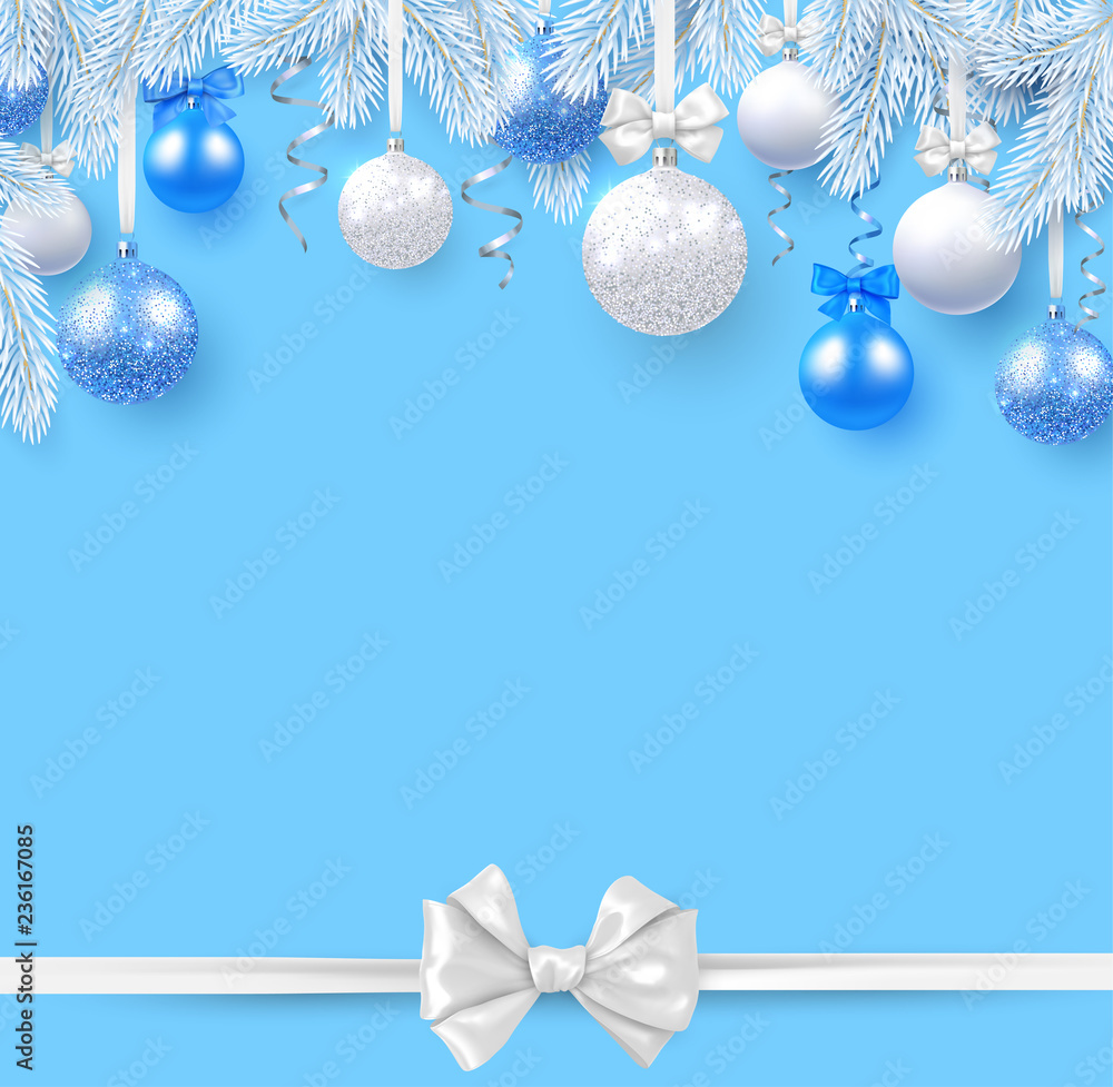 Christmas and New Year card with white fir branches, Christmas balls and satin bow. Christmas and New Year card with white fir branches, Christmas balls and satin bow.