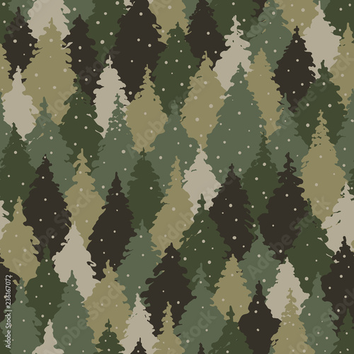 Seamless pattern with forest landscape, camouflage colors
