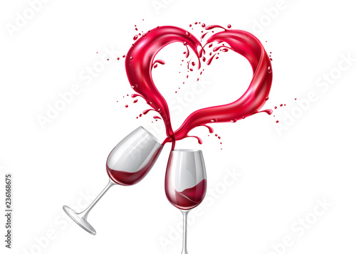 Vector wine glasses toasting heart shape splash