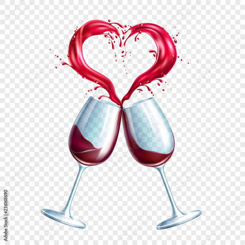 Vector wine glasses toasting heart shape splash