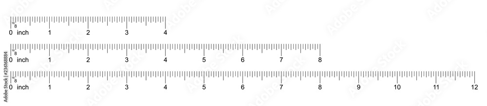Ruler 4, 8, 12 inch. Set of ruler 4, 8, 12 inch. Measuring tool. Ruler inch scale grid. Size indicator units. Metric size indicators. Vector Ruler 4, 8, 12 inch. Set of ruler 4, 8, 12 inch. Measuring tool. Ruler inch scale grid. Size indicator units. Metric size indicators. Vector