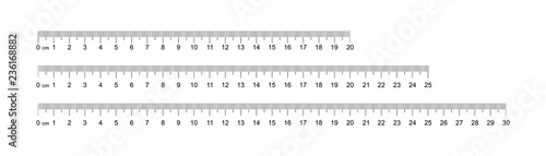 Ruler 20, 25, 30 cm. Set of ruler 20, 25, 30 cm. Measuring tool. Ruler scale. Grid cm. Size indicator units. Metric Centimeter size indicators. Vector