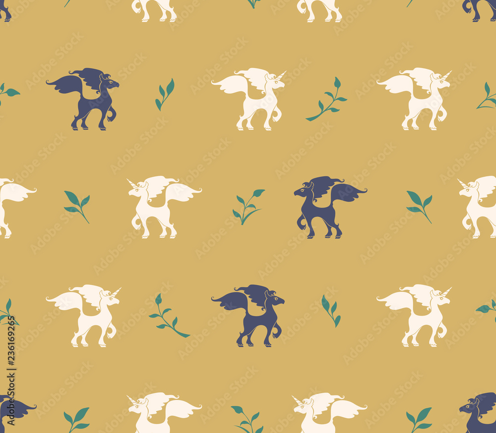 Obraz premium Seamless pattern of dark horses and white unicorns and green twigs on a golden beige background. Flat vector graphics for design.