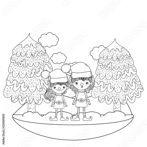 cute santa helpers couple in the snowscape