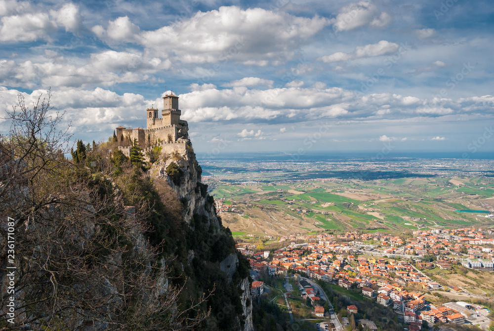 The fortress of Guaita in San Marino; plains of Romagna in the background