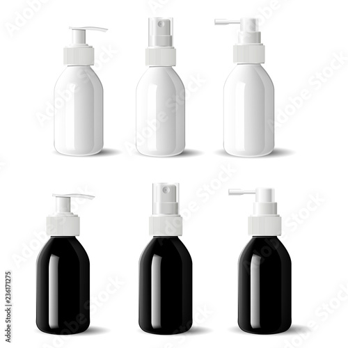 Medical bottles with dispenser spray caps. Aerosol containers in glossy black and white glass, pump dispenser for liquid moisturizer cosmetics. 3s realictic mockup product set.