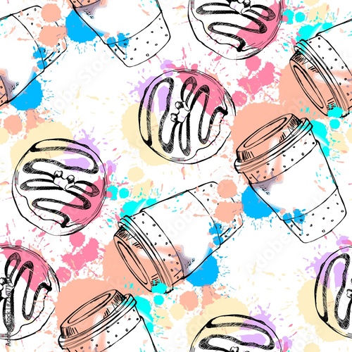 Beautiful hand drawn vector seamless pattern with coffee and donut.