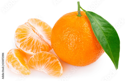 Fresh mandarine with leaf on white background