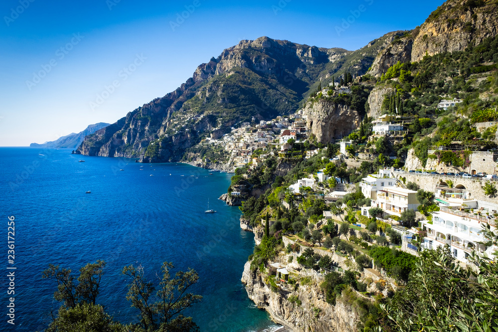 Nocelle village on Amalfi Coast with view sea water blue and sky
