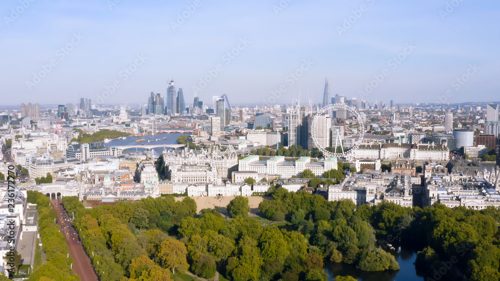 New London Skyline Aerial View one of the Most Beautiful Cities in the World with Iconic Landmarks Wheel, Modern Towers feat. Famous Westminster Buildings around Touristic Central District, England UK