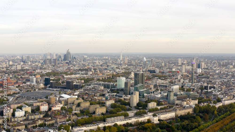 Aerial view cityscape of London with urban architectures. Icons of the London skyline feat residential neighborhood such as Euston, Fitzrovia, Marylebone with Central Famous Buildings in England, UK