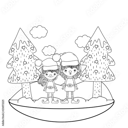 cute santa helpers couple in the snowscape