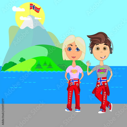 Boy and girl against the background of the sea and mountains, graduating high school in Norway in red overalls with Norwegian flag image. photo